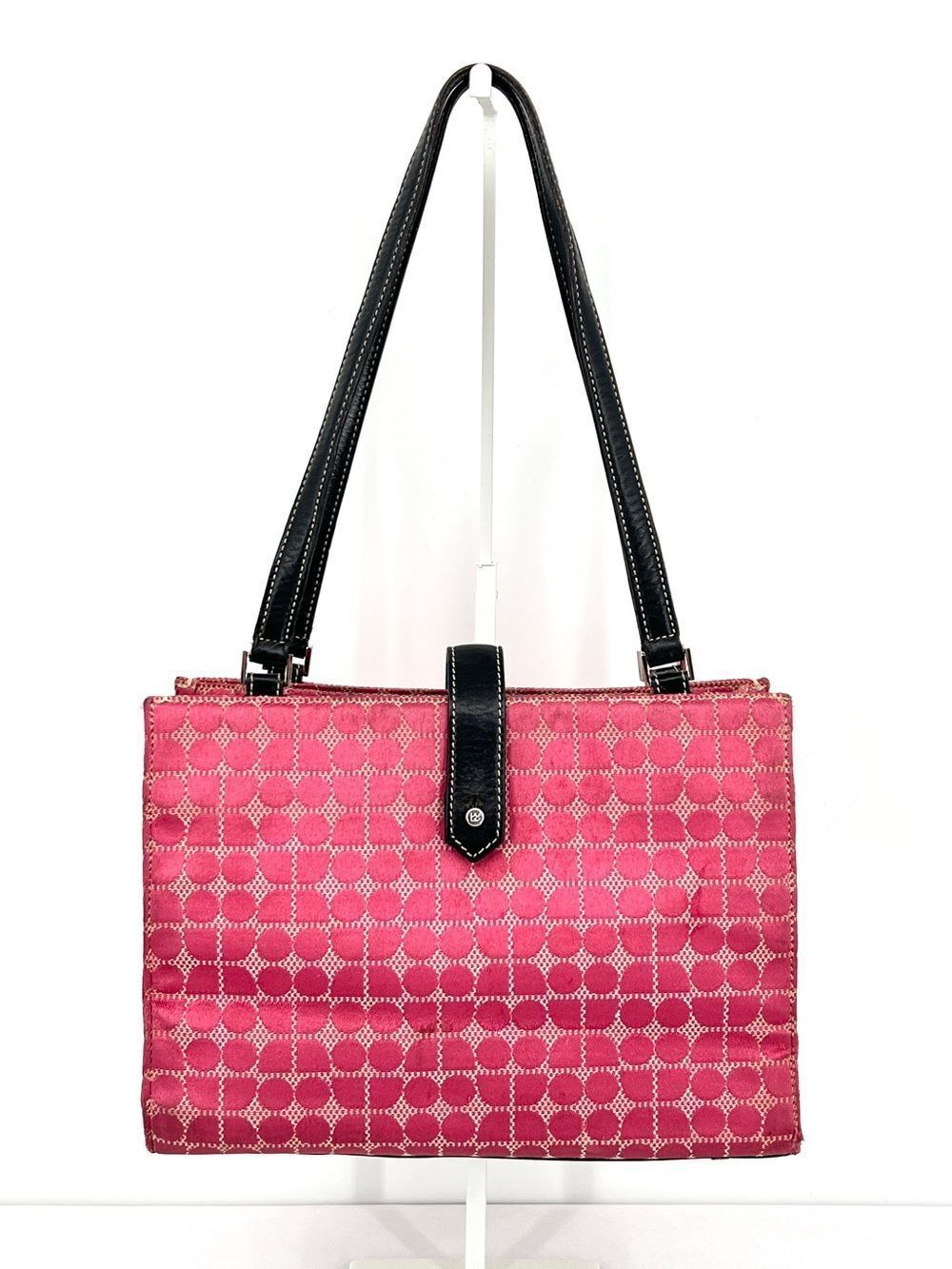 Vintage Y2K Kate Spade Noel Dot Pink Jacquard Black Leather Tote Shoulder Bag